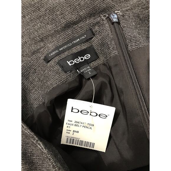 Bebe Fitted Pleated Skirt Charcoal Gray FAUX BELT PENCIL FABRIC MADE ITALY 2 - Picture 4 of 4